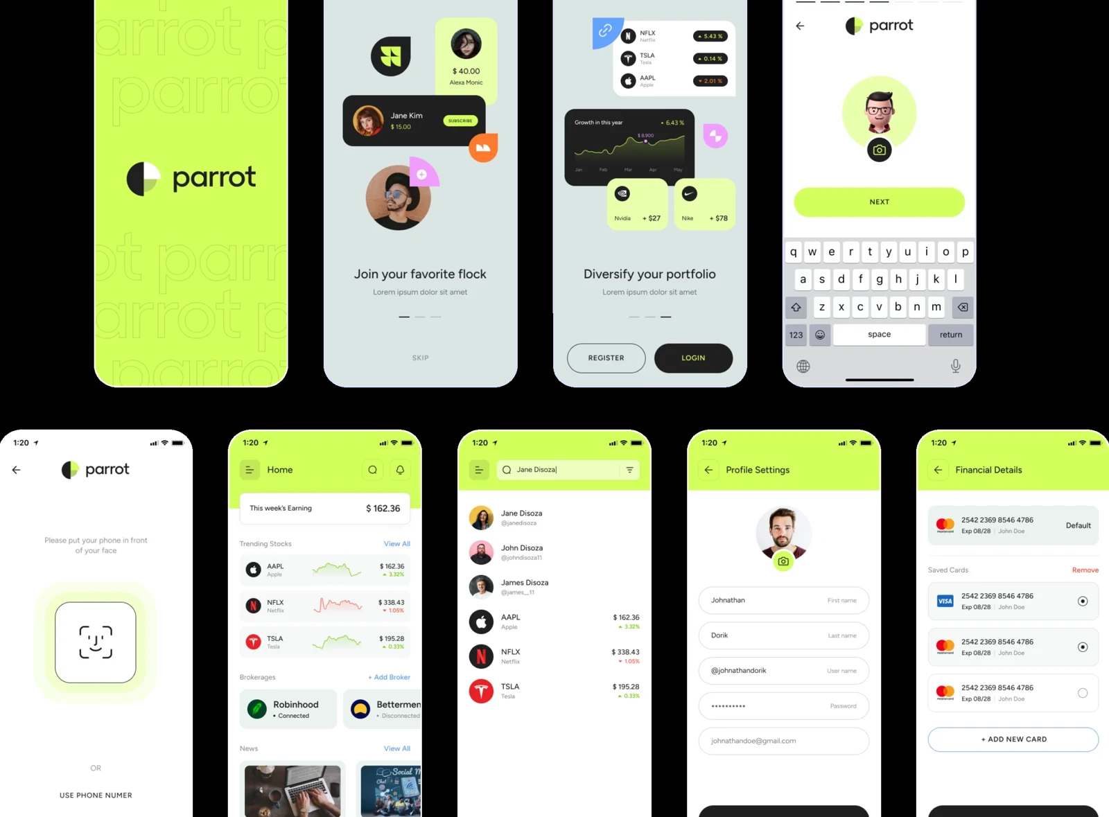 Parrot Finance mobile app screens